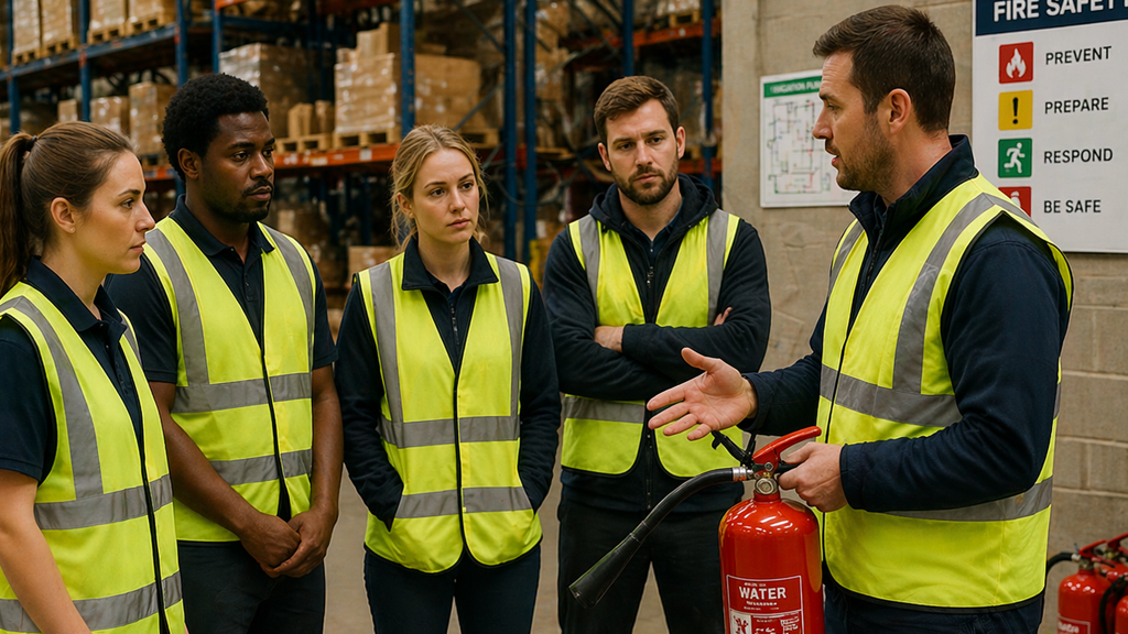 A safety instructor demonstrates how to use a fire extinguisher to a group of warehouse employees.