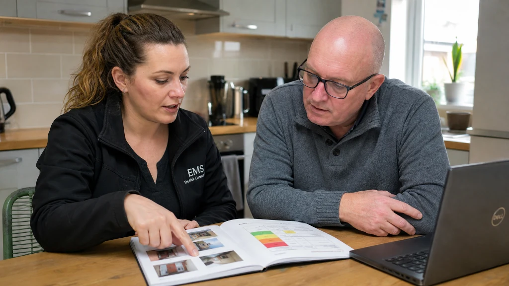 Fire risk assessor and HMO landlord reviewing a fire risk assessment report together