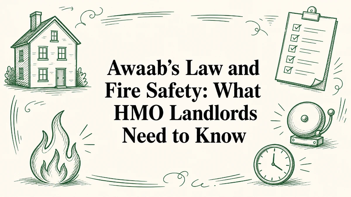 Green line-art illustration featured image for article on Awaab's Law and fire safety for HMO landlords