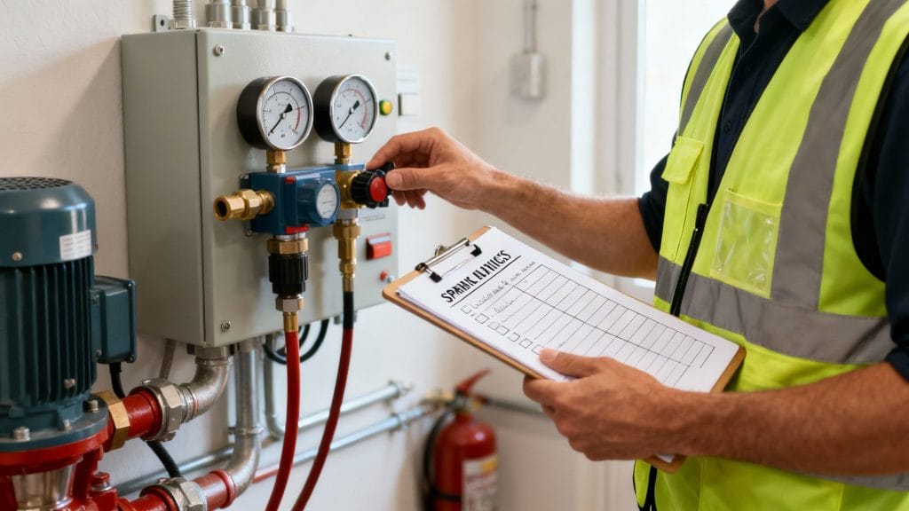 A technician in a safety vest adjusting controls on industrial equipment while holding a checklist.