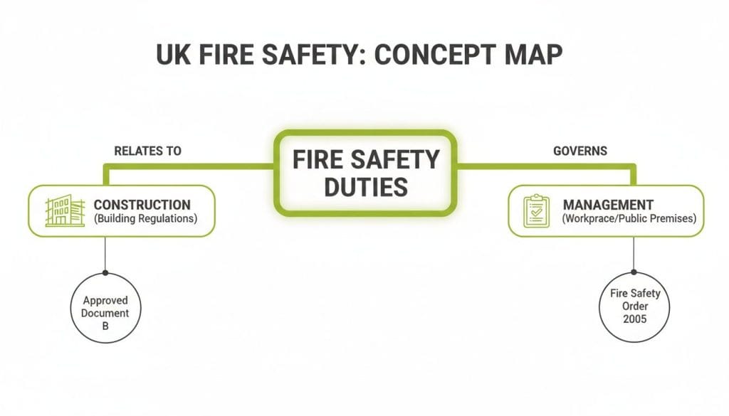 Concept map illustrating UK Fire Safety Duties, relating to construction regulations and management orders.