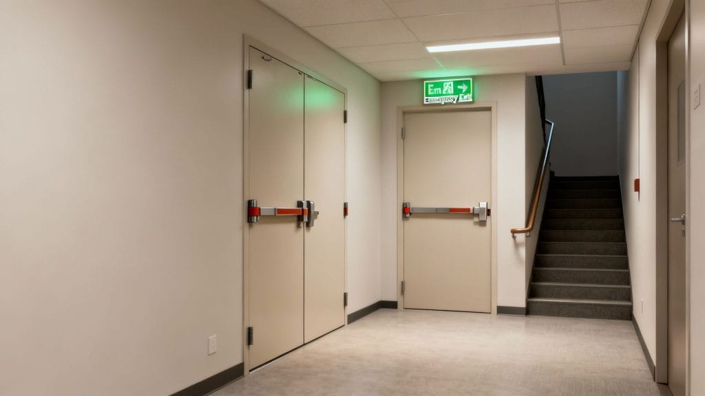 A modern hallway with multiple fire exit doors equipped with push bars and a staircase with an emergency exit sign.