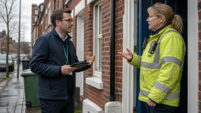 Council housing officer and fire and rescue service officer conducting a joint inspection at an HMO front door