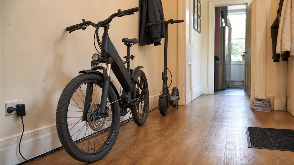 E-bike and e-scooter charging away from the escape route in a student HMO hallway