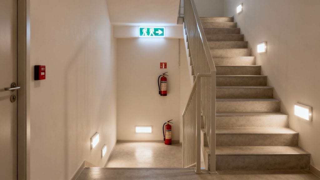 An emergency exit staircase with illuminated steps, fire extinguishers, and an exit sign.
