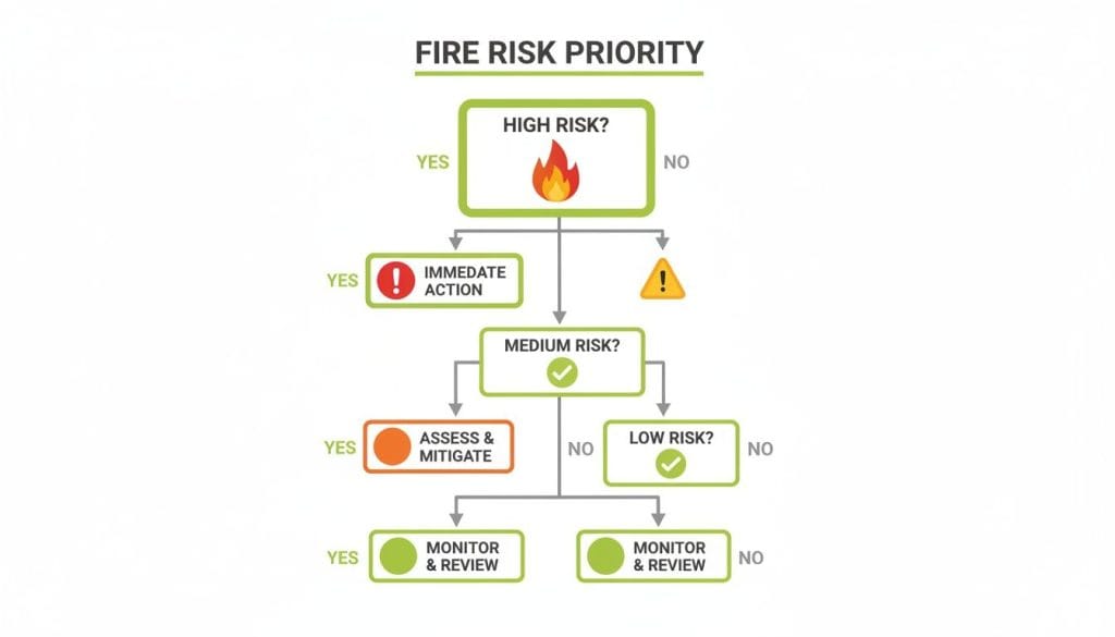 A flowchart titled 'Fire Risk Priority' outlining actions for high, medium, and low fire risk levels.