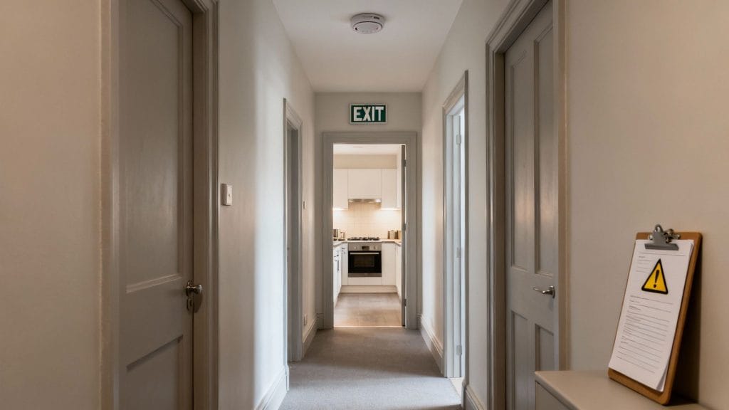 A brightly lit hallway featuring an EXIT sign, smoke detector, and view into a modern kitchen, with a fire risk assessment checklist on a table.