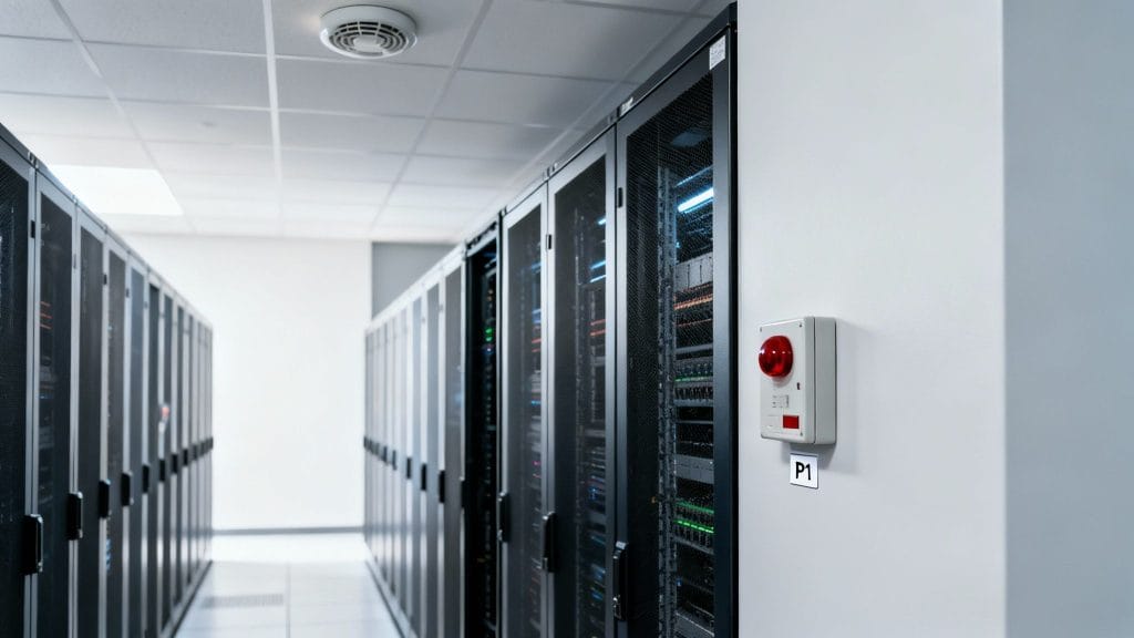 An aisle in a modern data center with rows of server racks and a red fire alarm bell on the wall.