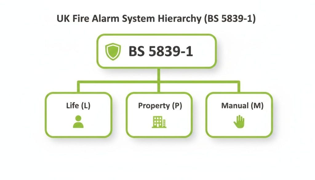 UK fire alarm system hierarchy (BS 5839-1) categorized by Life, Property, and Manual systems.