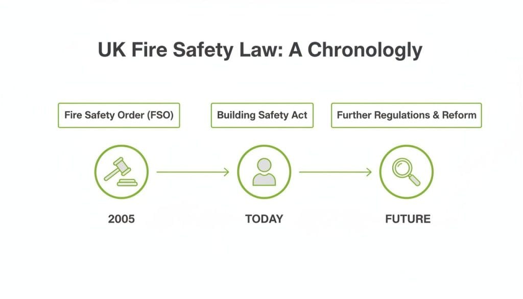 Timeline of UK Fire Safety Law, showing FSO in 2005, Building Safety Act today, and future reforms.