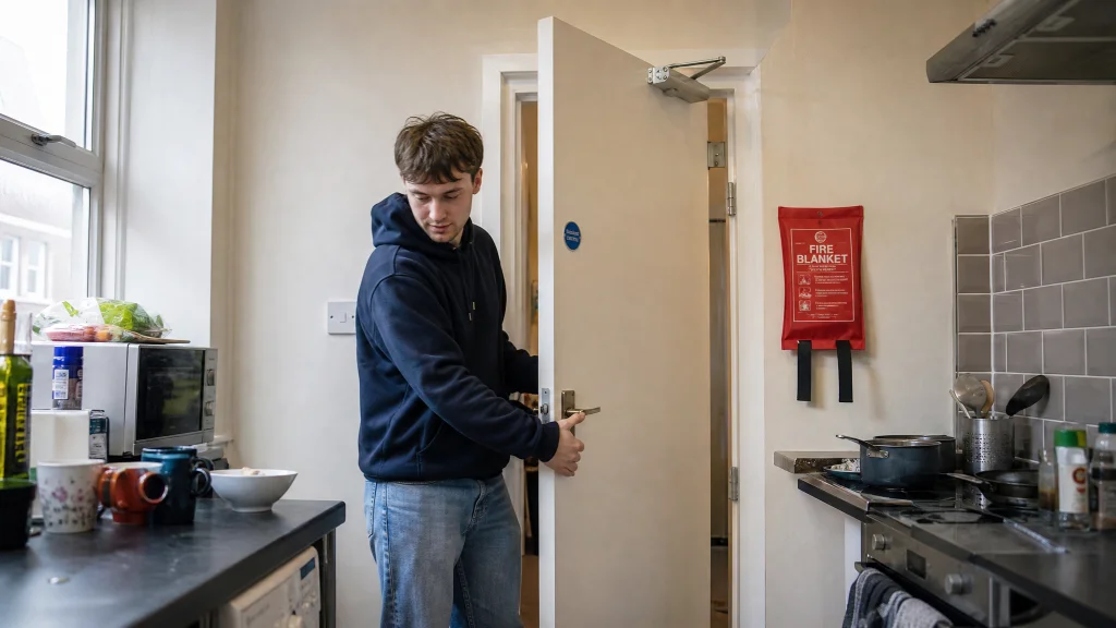 Self-closing fire door and fire blanket in a shared kitchen in a student HMO