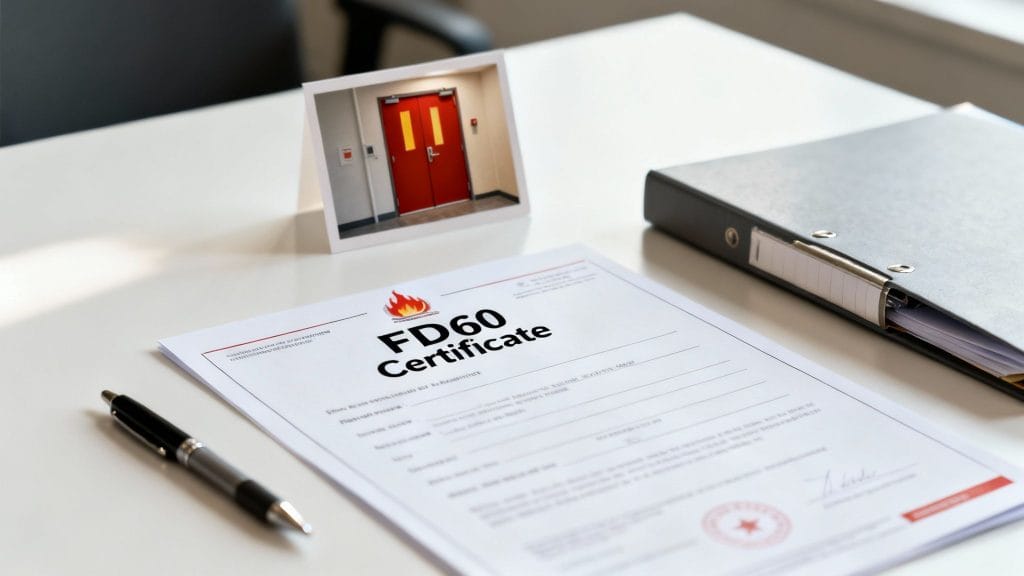A desk with a pen, an FD60 fire door certificate, a binder, and a photo of red fire doors.