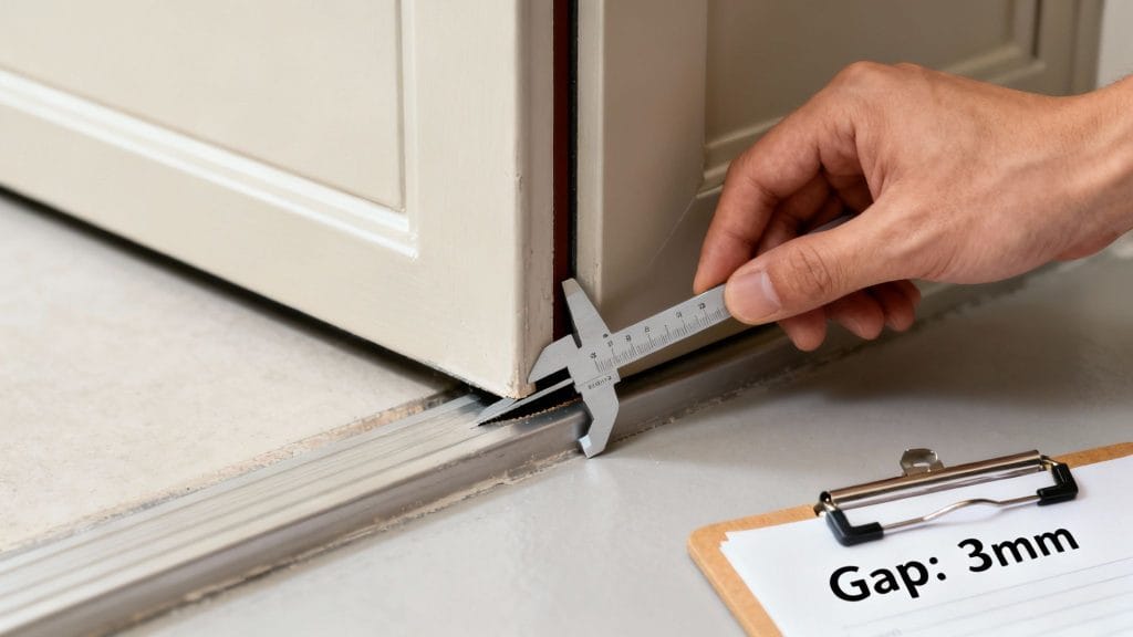 A hand uses a caliper to measure a 3mm gap at the bottom of a door, with the result noted on a clipboard.