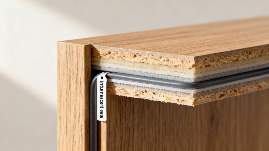 Close-up of a composite panel's cross-section showing an intumescent fire seal with a tag.