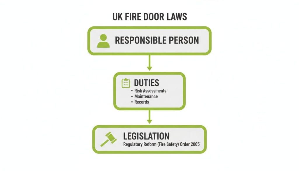 Flowchart illustrating UK fire door laws, outlining the responsible person, their duties, and governing legislation.