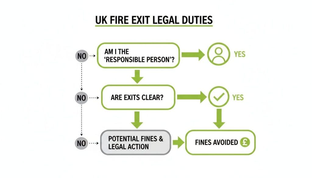 UK fire exit legal duties flowchart showing steps to avoid fines for responsible persons.