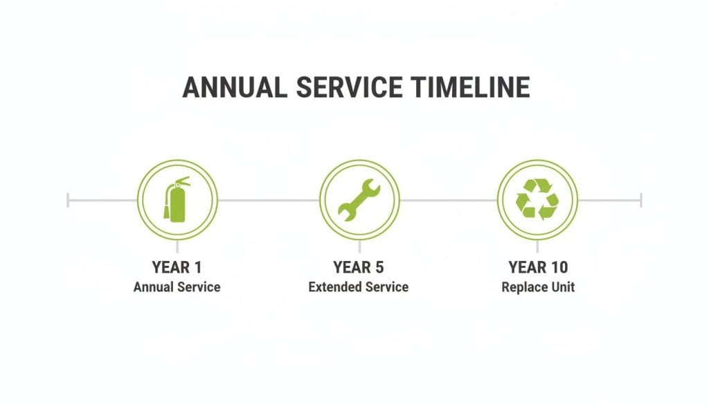 Timeline showing fire extinguisher maintenance: Annual service year 1, extended service year 5, replace unit year 10.