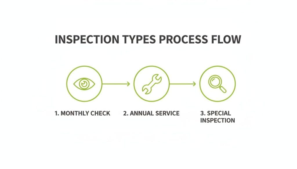 Process flow diagram showing three types of inspections: monthly check, annual service, and special inspection, with icons.