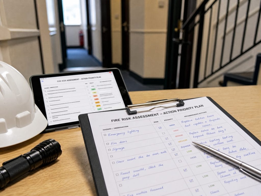 A fire risk assessment action priority list being filled in on a clipboard, with a hard hat and torch nearby in a communal hallway