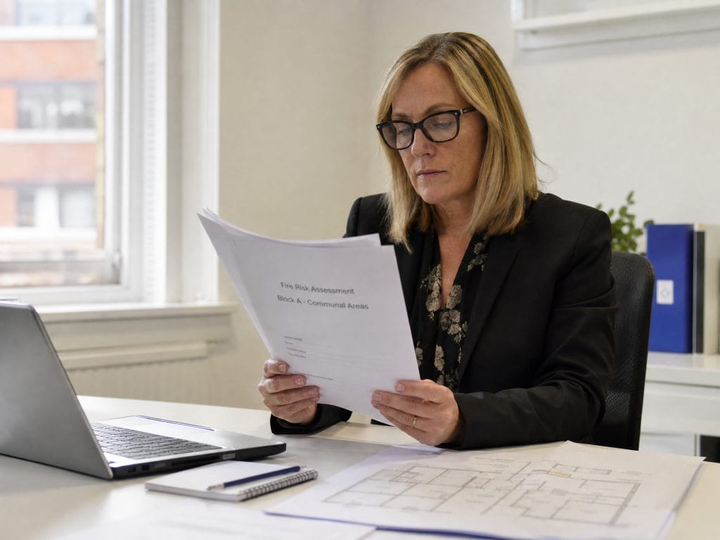 A property manager reviews a printed fire risk assessment report for a block’s communal areas at her desk
