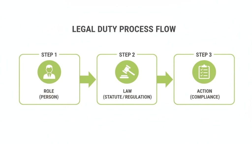 A three-step legal duty process flow: Role (Person), Law (Statute/Regulation), and Action (Compliance).