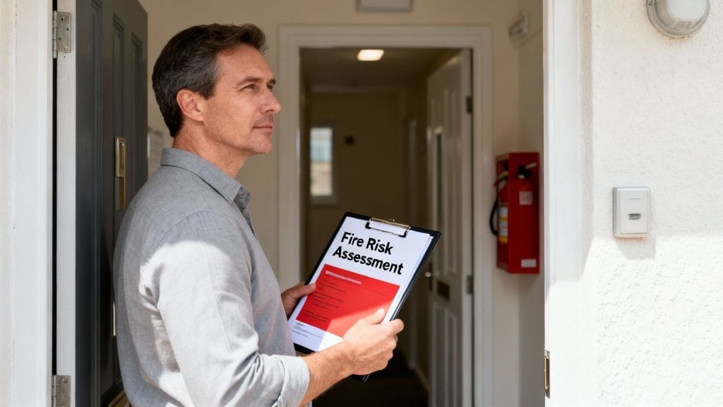 A man holding a fire risk assessment clipboard stands in a doorway, next to a fire extinguisher.