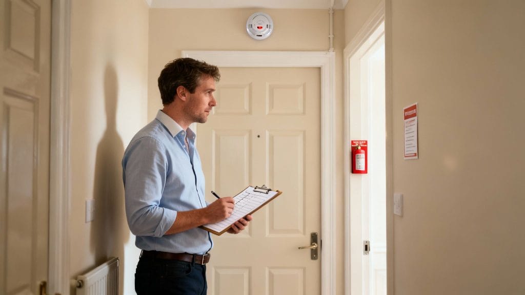 A man inspects a hallway with a clipboard, noting a smoke detector and fire extinguisher for safety.
