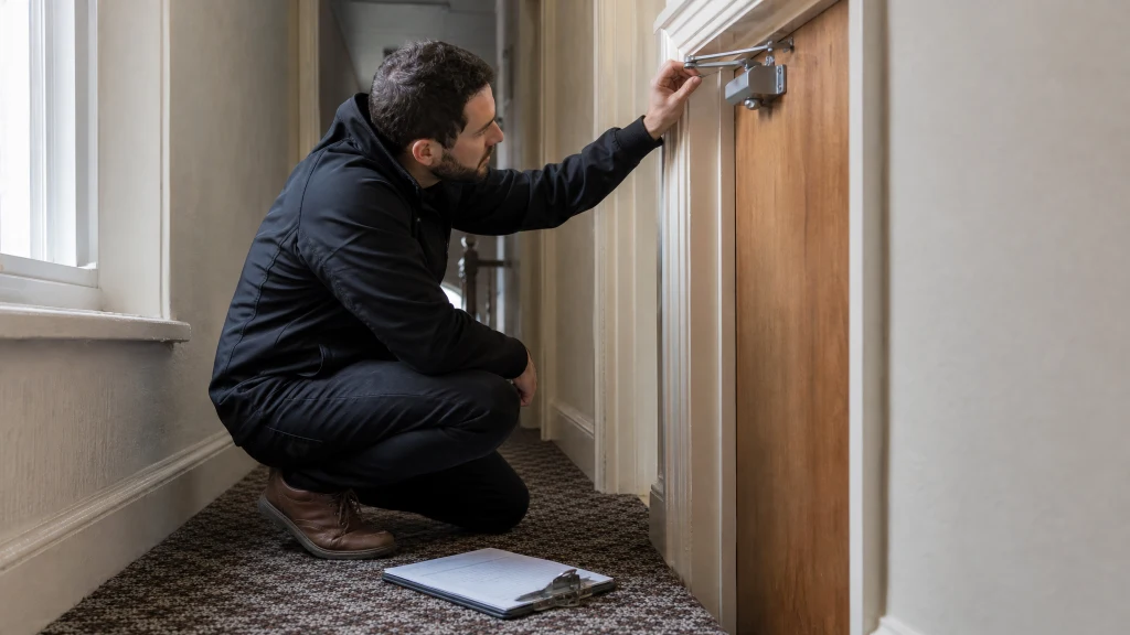 Fire risk assessor crouching to check a fire door self-closing hinge in a UK HMO communal hallway