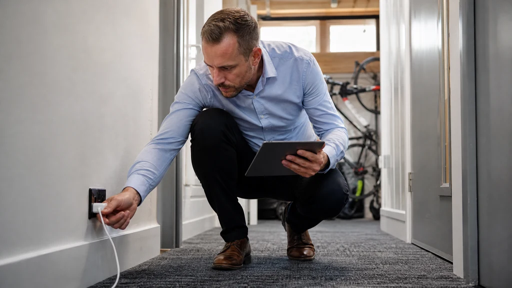 A fire risk assessor inspecting a socket and charging area in a communal HMO hallway