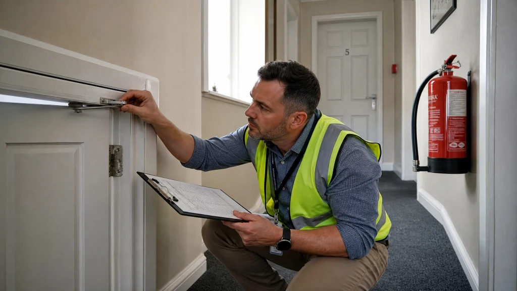 Fire risk assessor inspecting a fire door hinge in a UK HMO