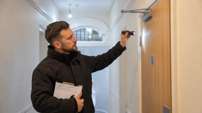 Fire risk assessor checking a fire door and self-closer in the communal hallway of an HMO