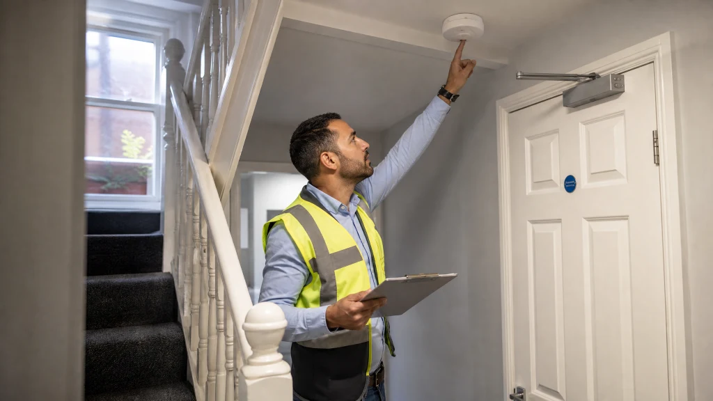 A fire risk assessor in a hi-vis vest inspecting a hallway staircase and fire door inside a UK shared house