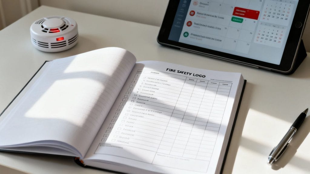 A smoke detector with a red light, fire safety logbook, tablet, and pen on a white desk.