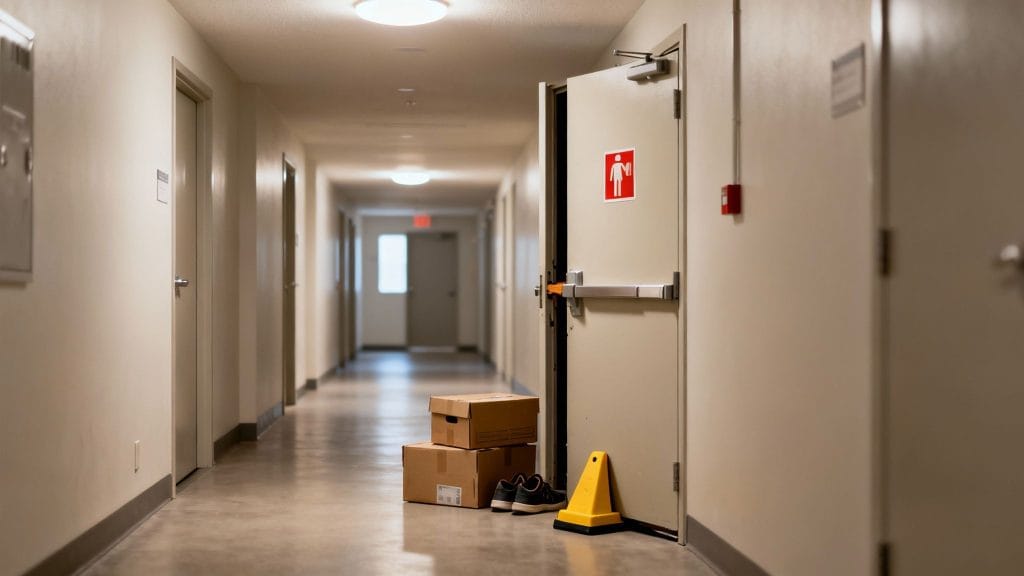 A long hallway with stacked boxes, sneakers, a safety cone, and fire safety elements.