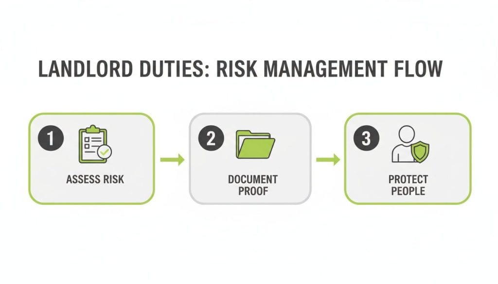 Flowchart illustrating landlord duties for risk management: assess risk, document proof, and protect people.