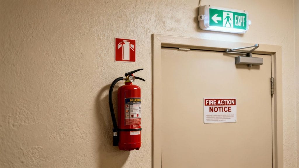 A red fire extinguisher mounted on a wall next to an exit door with emergency and fire action signs.