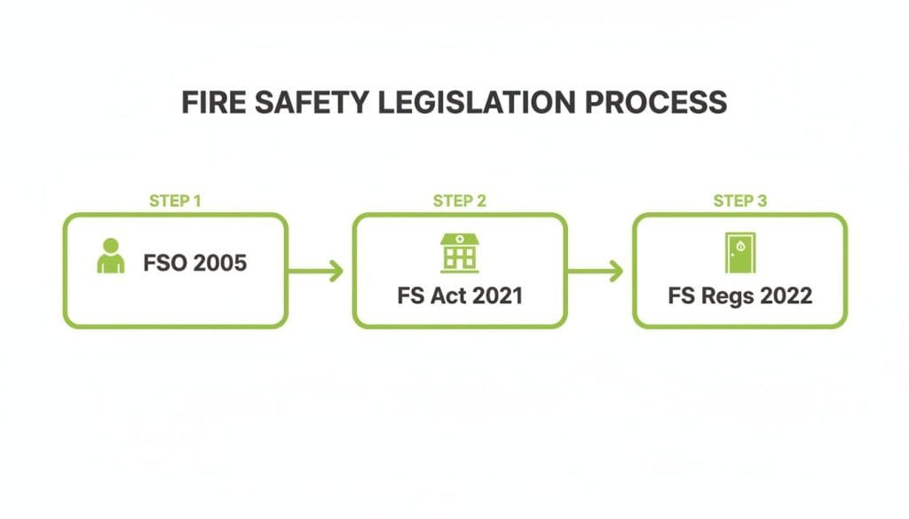 Flowchart illustrating the fire safety legislation process with three steps: FSO 2005, FS Act 2021, and FS Regs 2022.