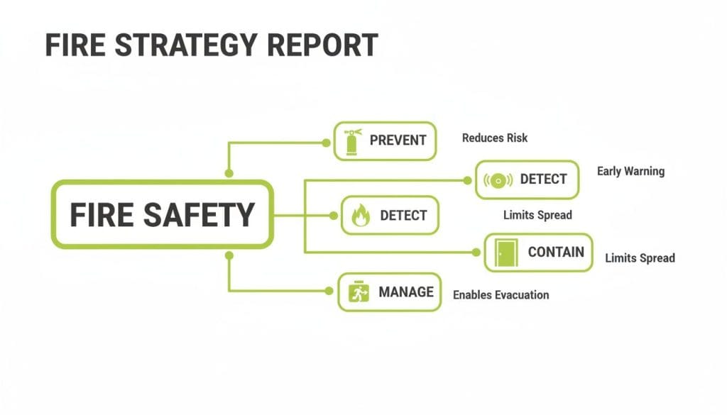 A fire safety strategy report diagram outlining steps to prevent, detect, contain, and manage fires for risk reduction and evacuation.