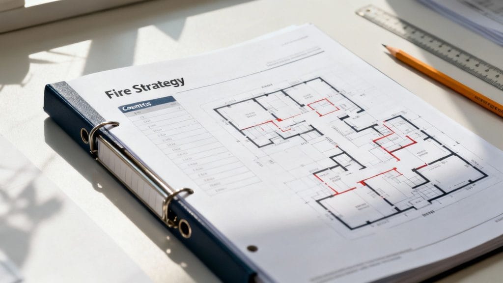 A close-up of a fire strategy document showing a floor plan with red markings on a desk.