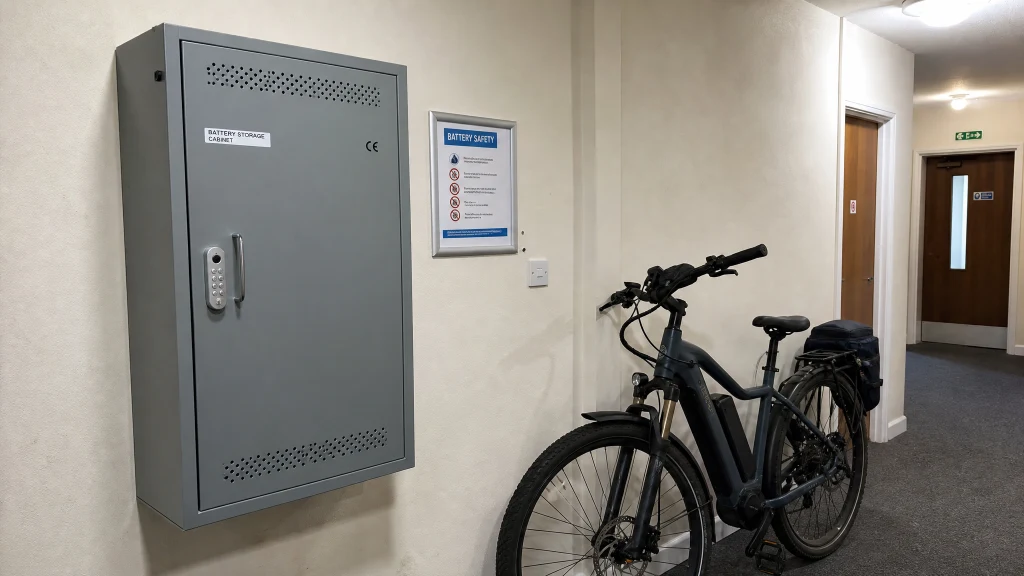 A metal fireproof battery storage cabinet mounted in a communal hallway with an e-bike parked nearby