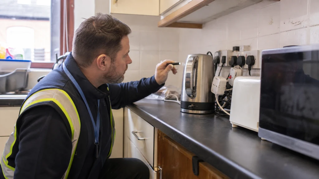 A fire risk assessor inspecting the electrical sockets and appliances in a shared HMO kitchen