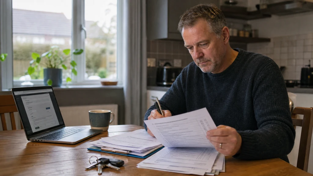 A landlord going through a renewal checklist and fire safety paperwork before renewing HMO insurance