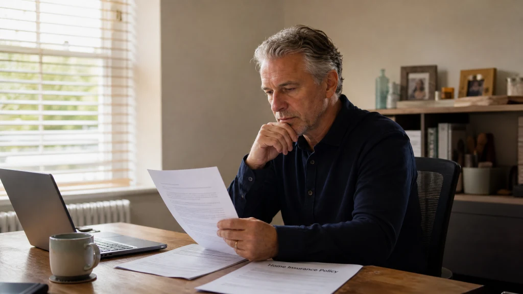A landlord reviewing a fire risk assessment report alongside a home insurance policy document at a desk
