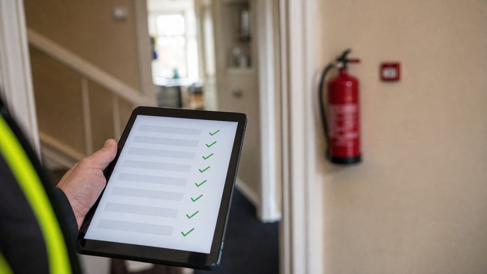 Fire risk assessor holding a tablet checklist during a property inspection, with a fire extinguisher and alarm call point on the wall behind