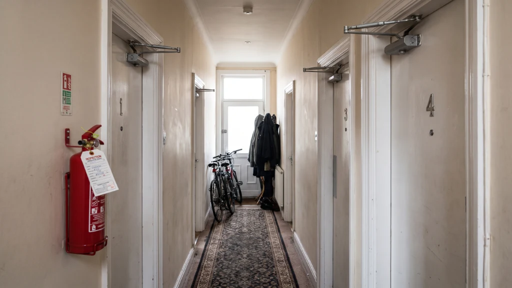 Communal corridor in a UK house in multiple occupation showing numbered fire doors