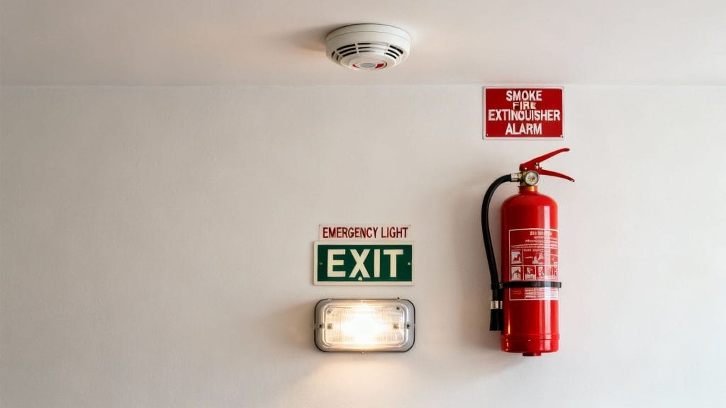 Fire safety equipment mounted on a white wall, including a smoke detector, fire extinguisher, and emergency exit sign.