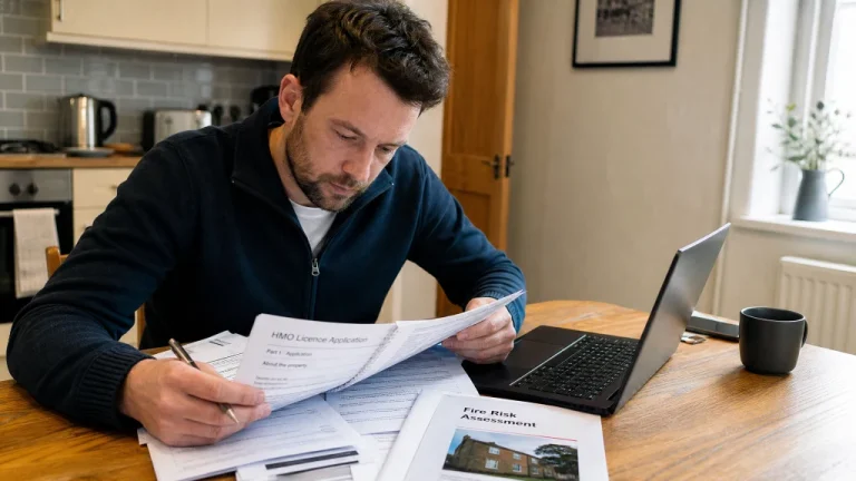 Landlord at a kitchen table reviewing HMO licence application paperwork and a fire risk assessment report