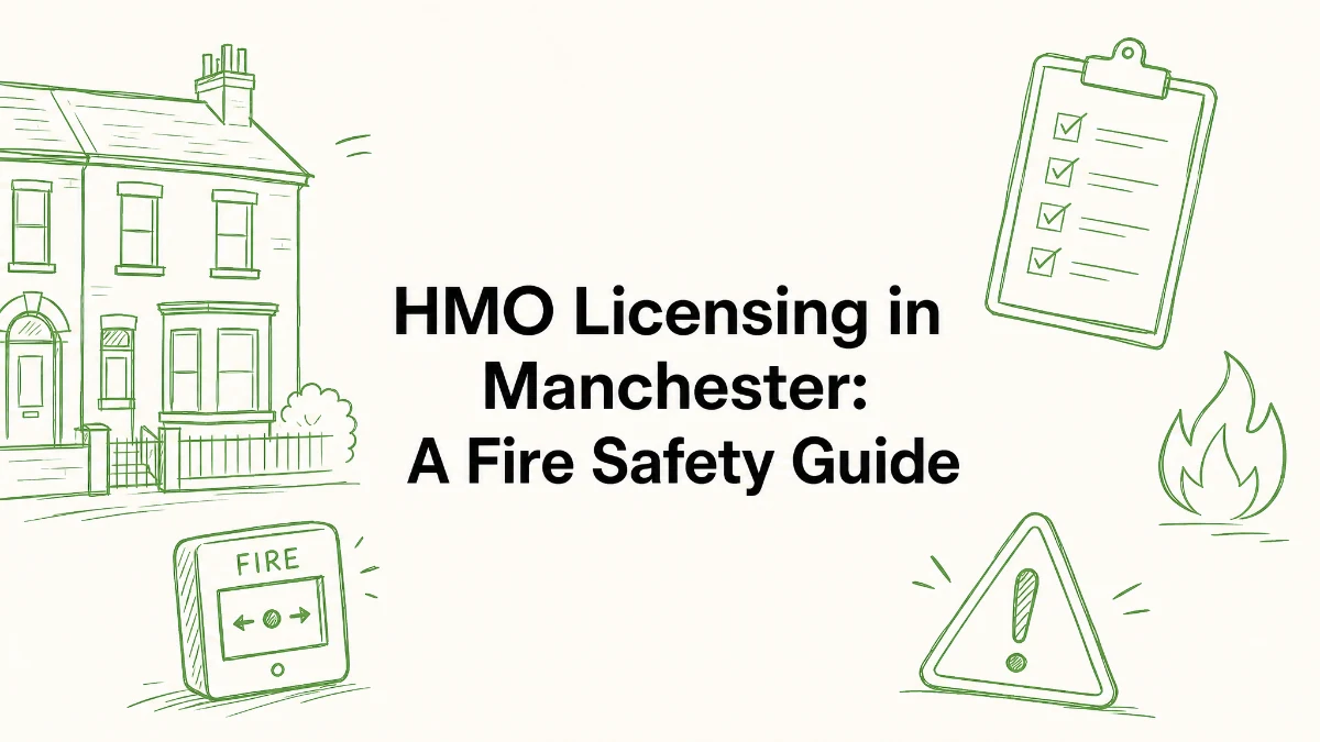 Illustrated card image for HMO licensing in Manchester fire safety guide, green line art of a terraced house, fire alarm call point and checklist on a cream background