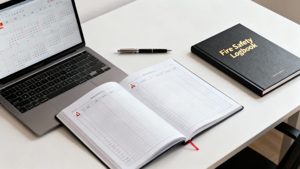 A close-up of an office desk with a laptop, an open logbook, a pen, and a "Fire Safety Logbook".