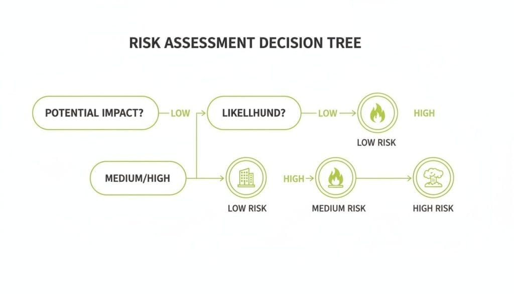 A risk assessment decision tree diagram showing paths based on potential impact and likelihood, leading to low, medium, or high risk outcomes.